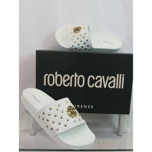 WHITE LEATHER SNAKE MEDALLION LOGO STUDS SANDALS 42 / 9 ITALY